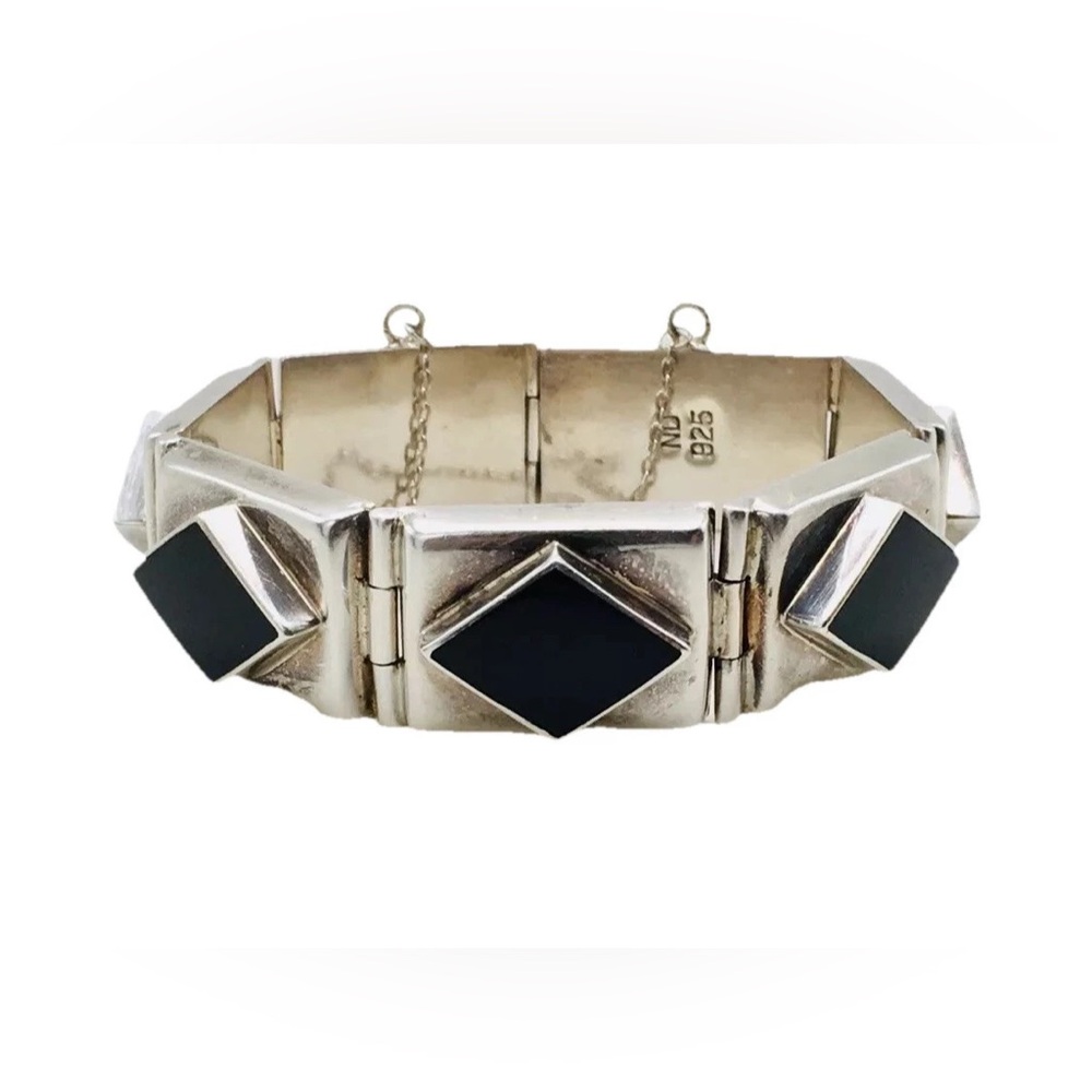 Vintage Diamond Shaped Black Onyx Sterling Silver 925 ND Link Bracelet 7”